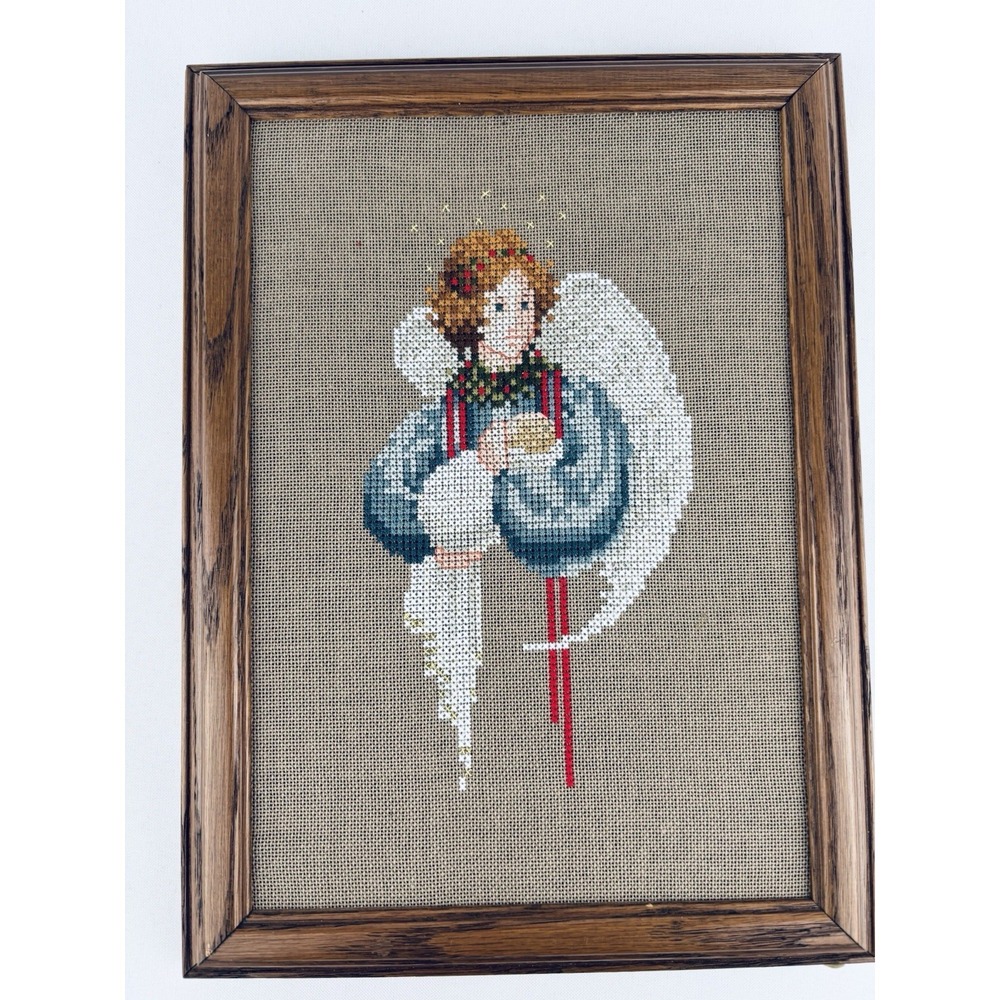 Wooden Framed Vintage Needlepoint Cross-Stitch‎ Guardian Angel Tapestry Picture